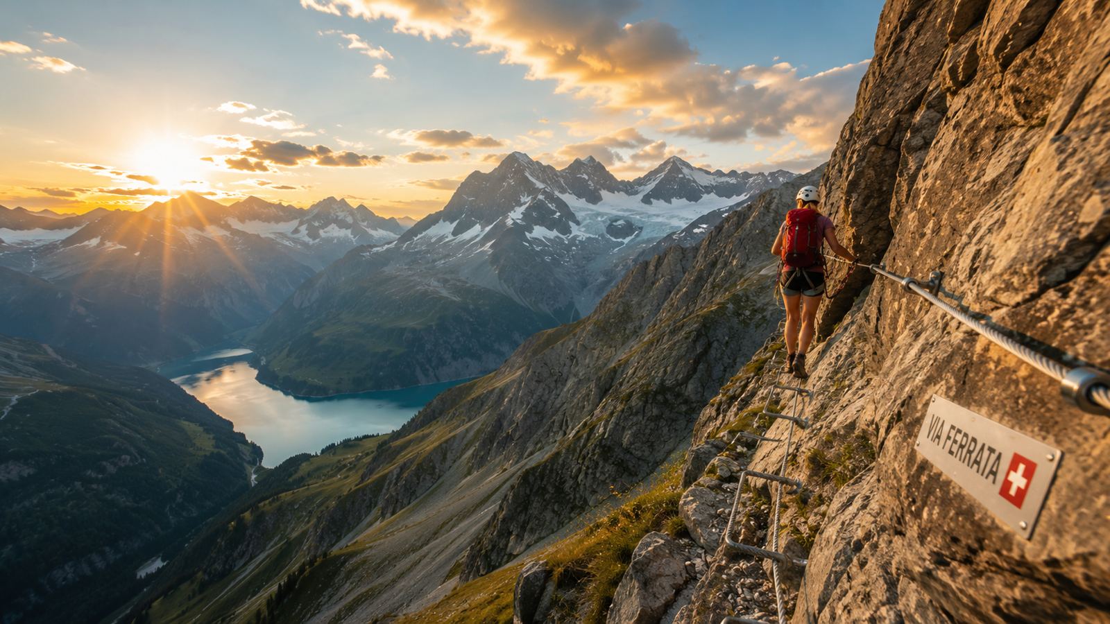 Person auf einem Klettersteig in den Schweizer Alpen im Abendlicht, mit Wegweiser «Via Ferrata».